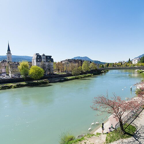 View of the city of Villach with the river Drau