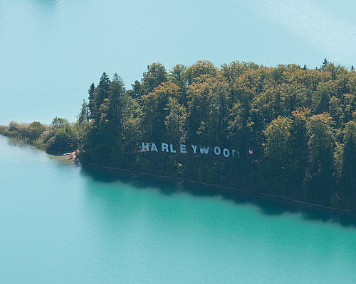 Harleywood sign at the island at Faaker See Harleywood sign at the island at Faaker See