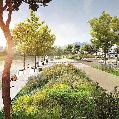 Rendering of the riverside terrace at the Drau
