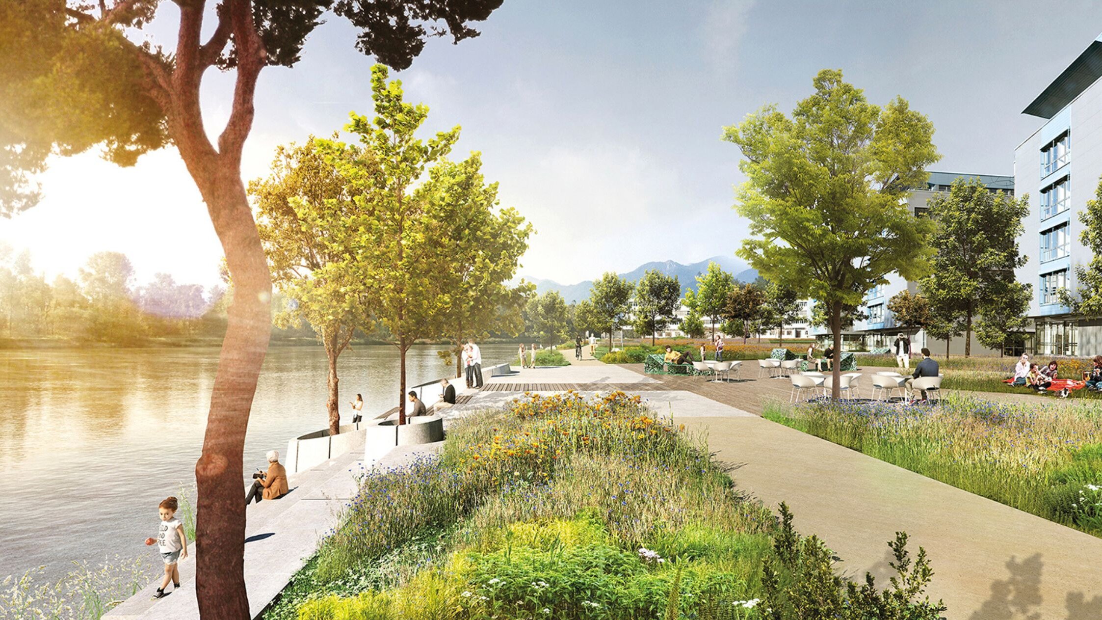 rendering of the new riverside terrace in the Technology Park Villach