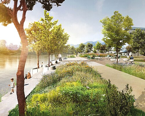 Rendering of the riverside terrace at the Drau