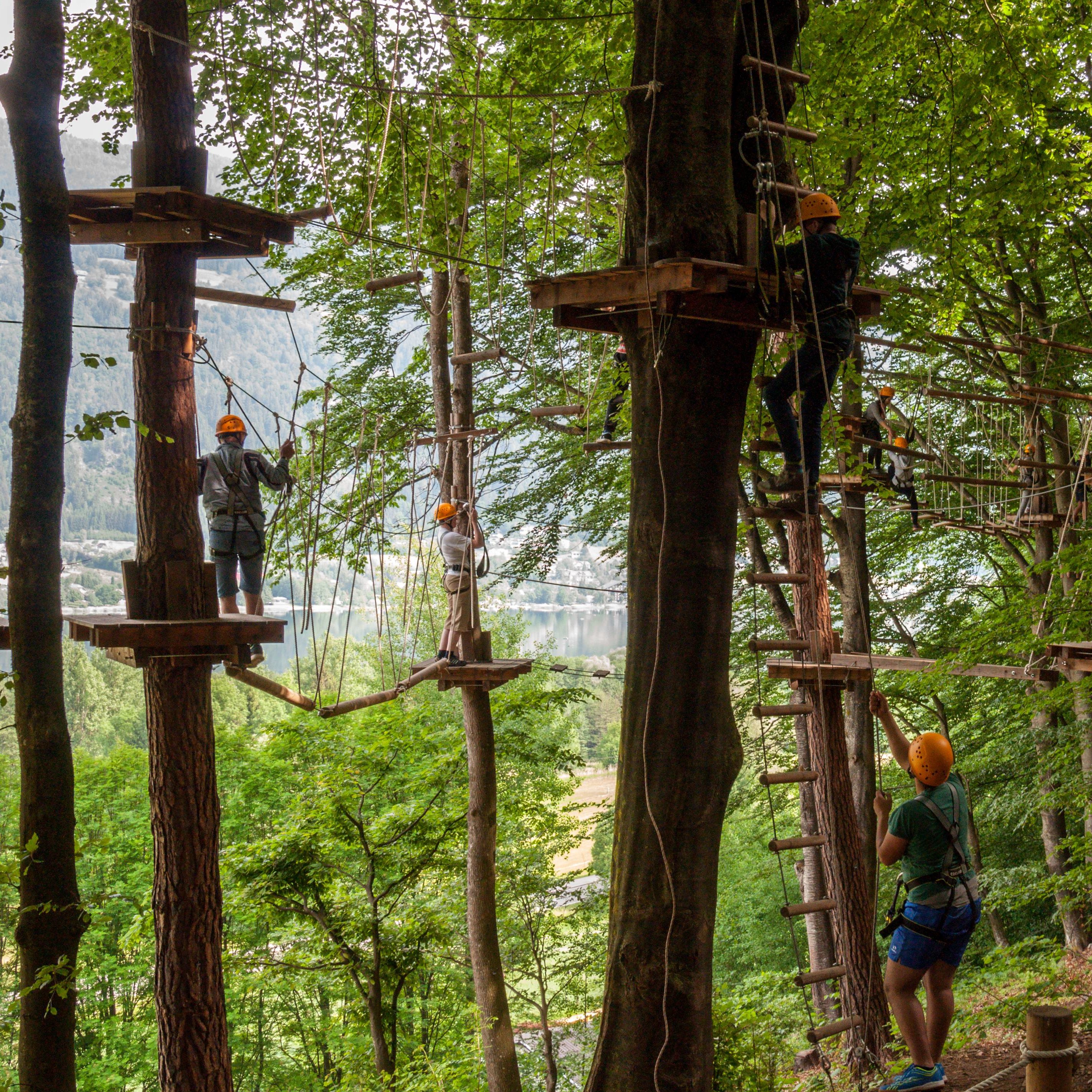 A family climbing in the ropes course of Kletterwald Ossiacher See
