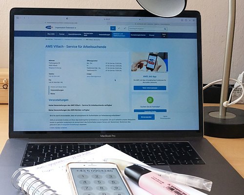 Laptop shows AMS contact site for Villach