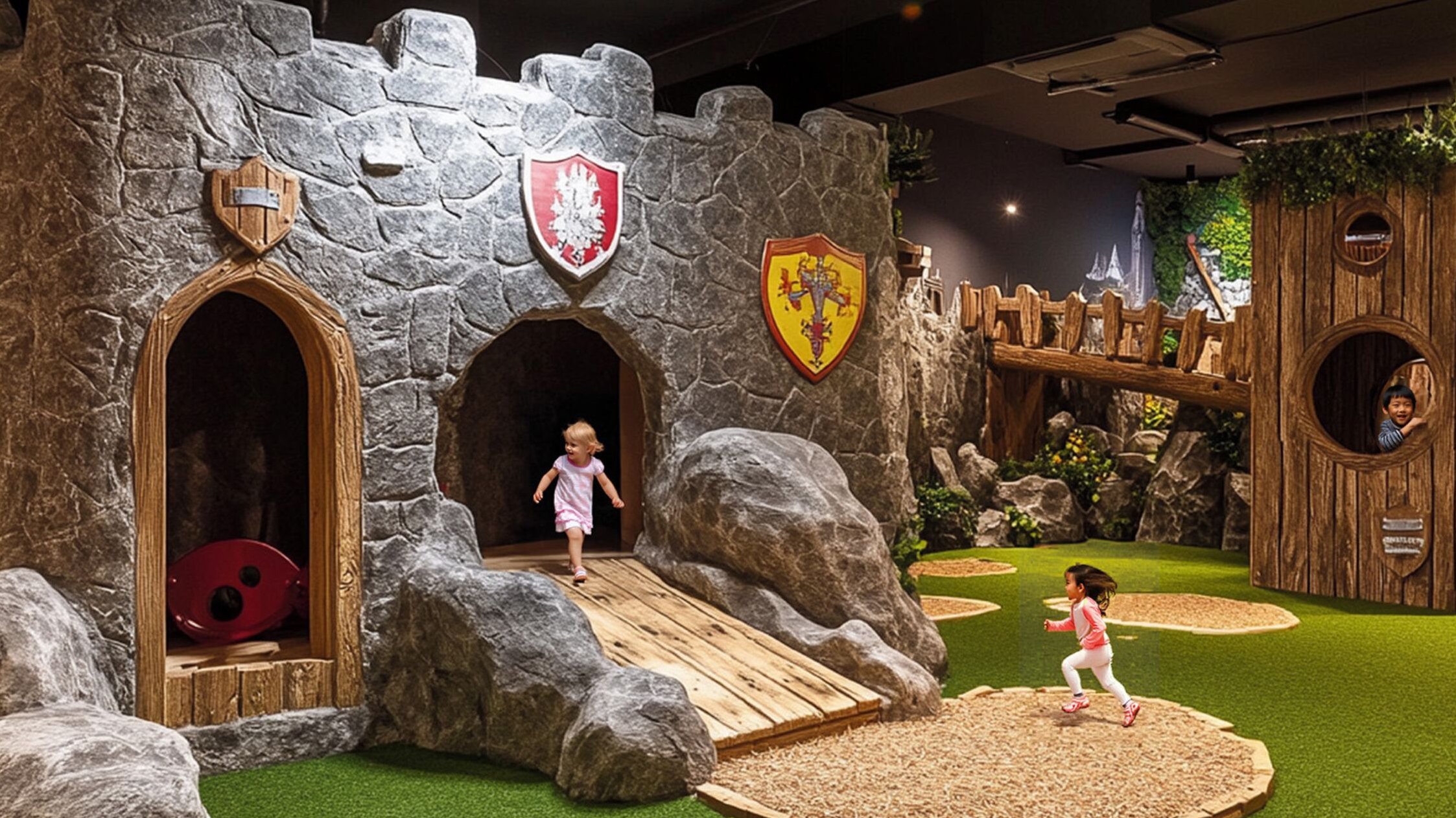 Kinder spielen am Indoor Burgspielplatz