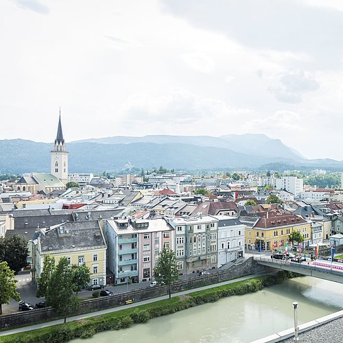 Downtown, the river Drau and St. Jacob's church in Villach