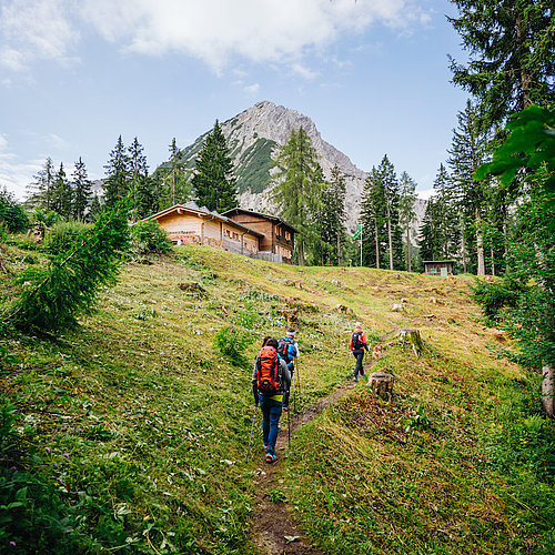 Hikers hiking to Berta hut on Mittagskogel