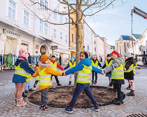 Kinder stehen um einen neu gepflanzten Baum und halten sich an ihren Händen