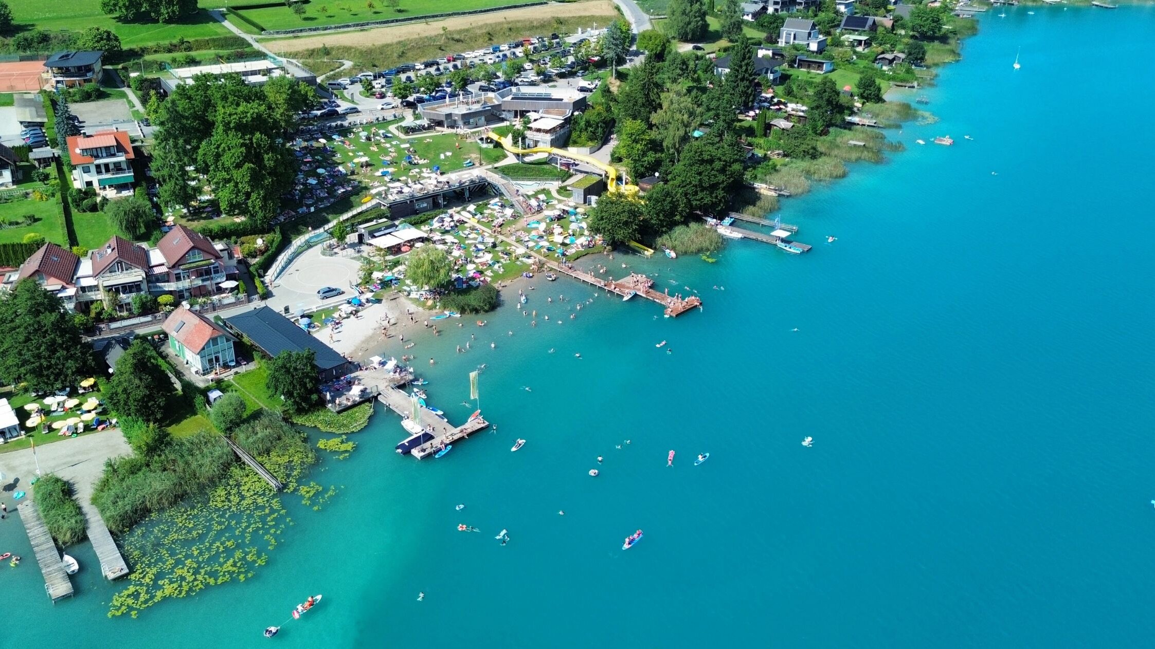 Panorama Beach at Lake Faaker See Panorama Beach from a bird's-eye view