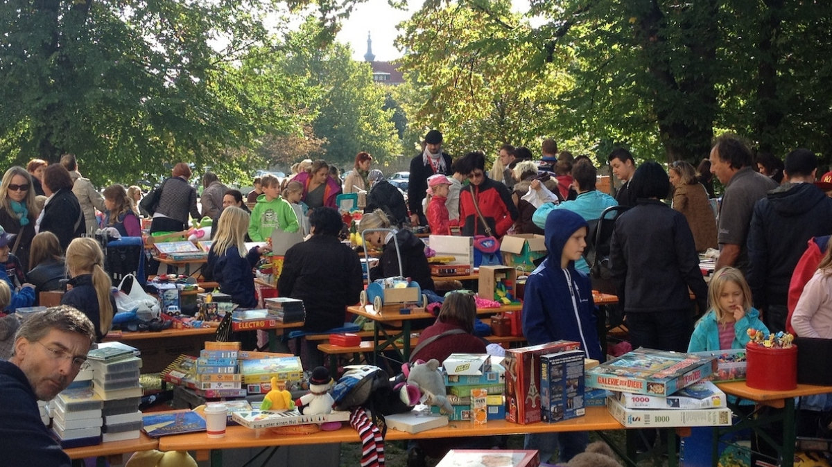 Selling books and other items at the flea market