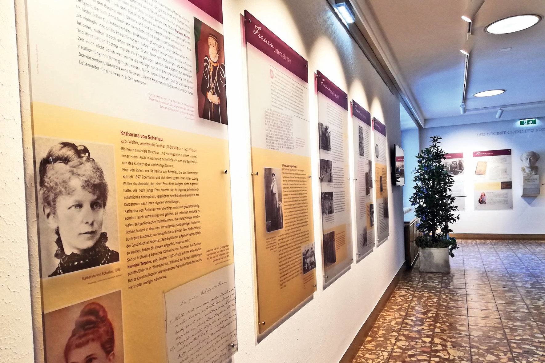The exhibited display boards in Villach's Rathaus about famous women of Villach