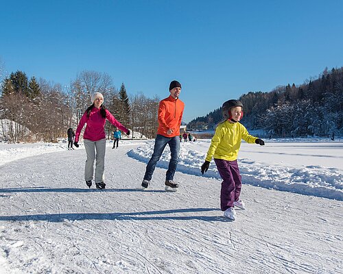 Ice skaters skating on a lake