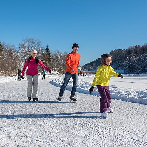 Ice skaters skating on a lake