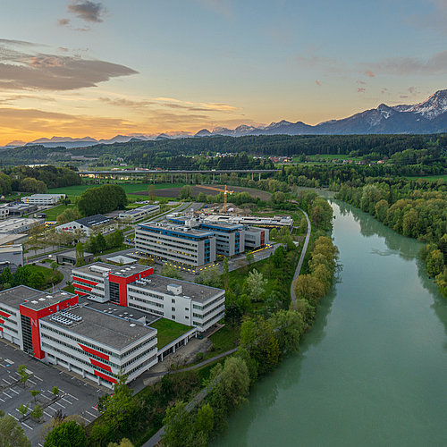 Panorama view onto the Technology Park Villach during sunrise