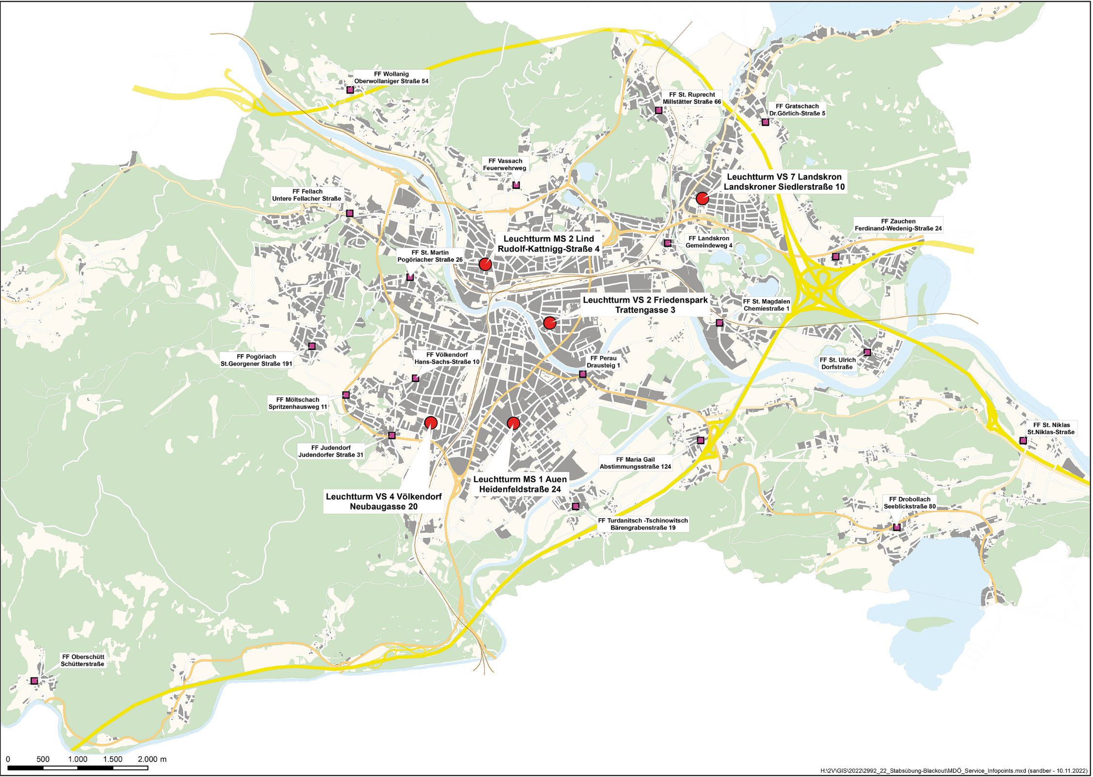 Karte mit den Standorten der Feuerwehr und Leuchttürmen der Stadt Villach