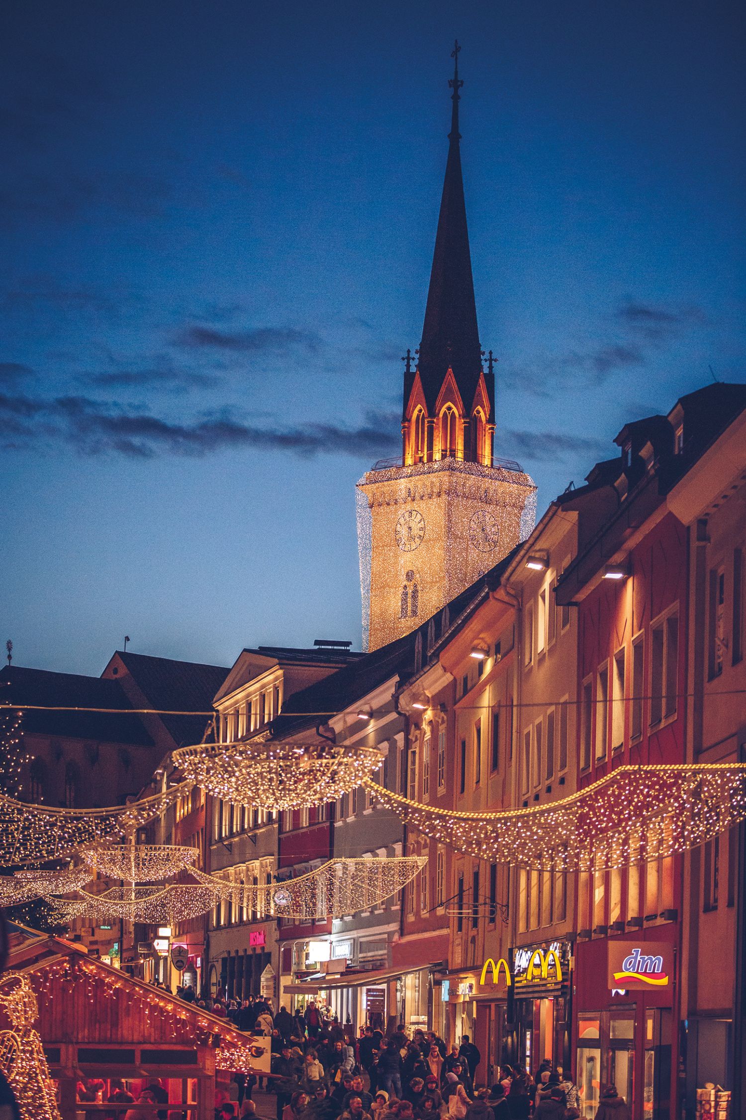 Festively decorated city center with stalls