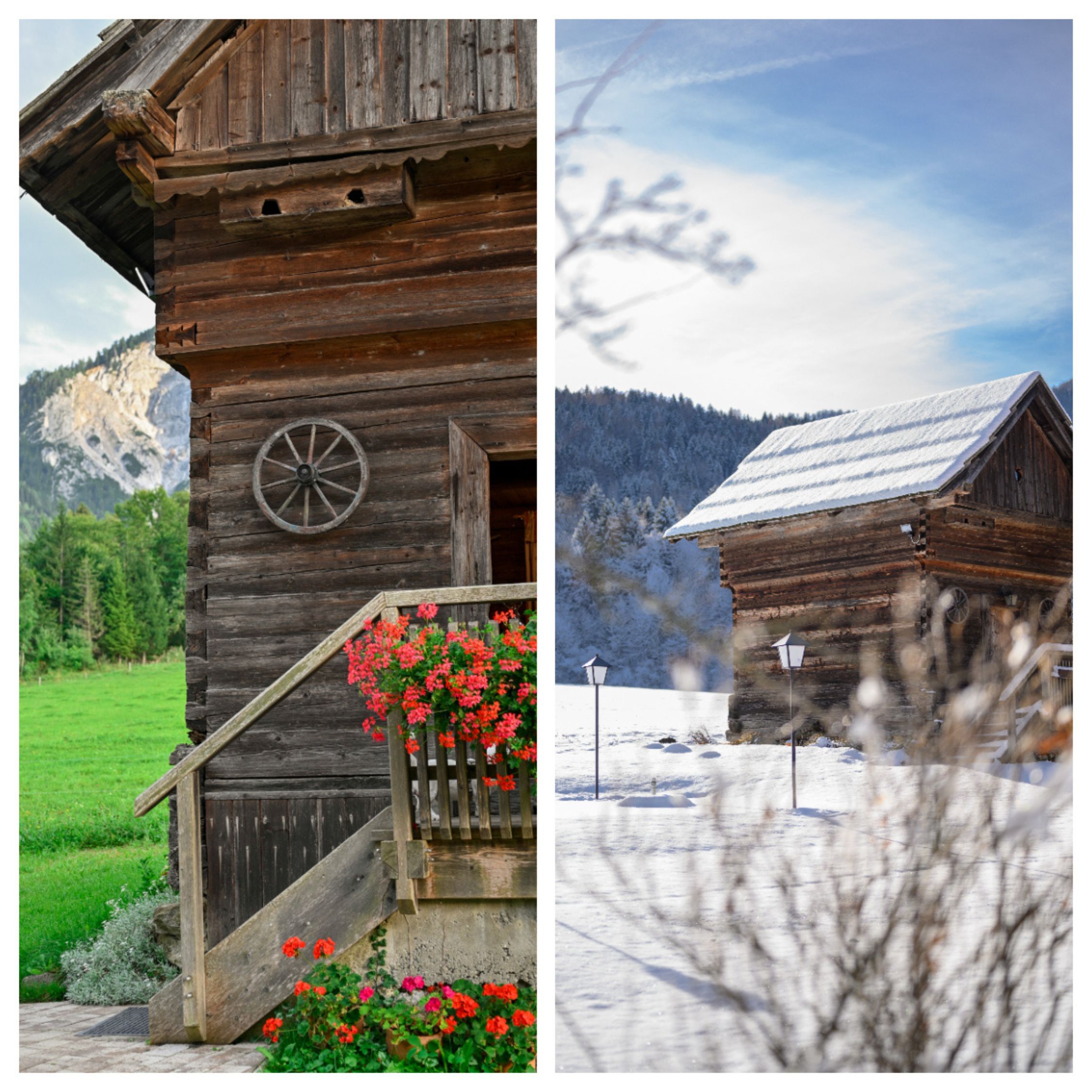 Eine Hütte im Sommer und im Winter