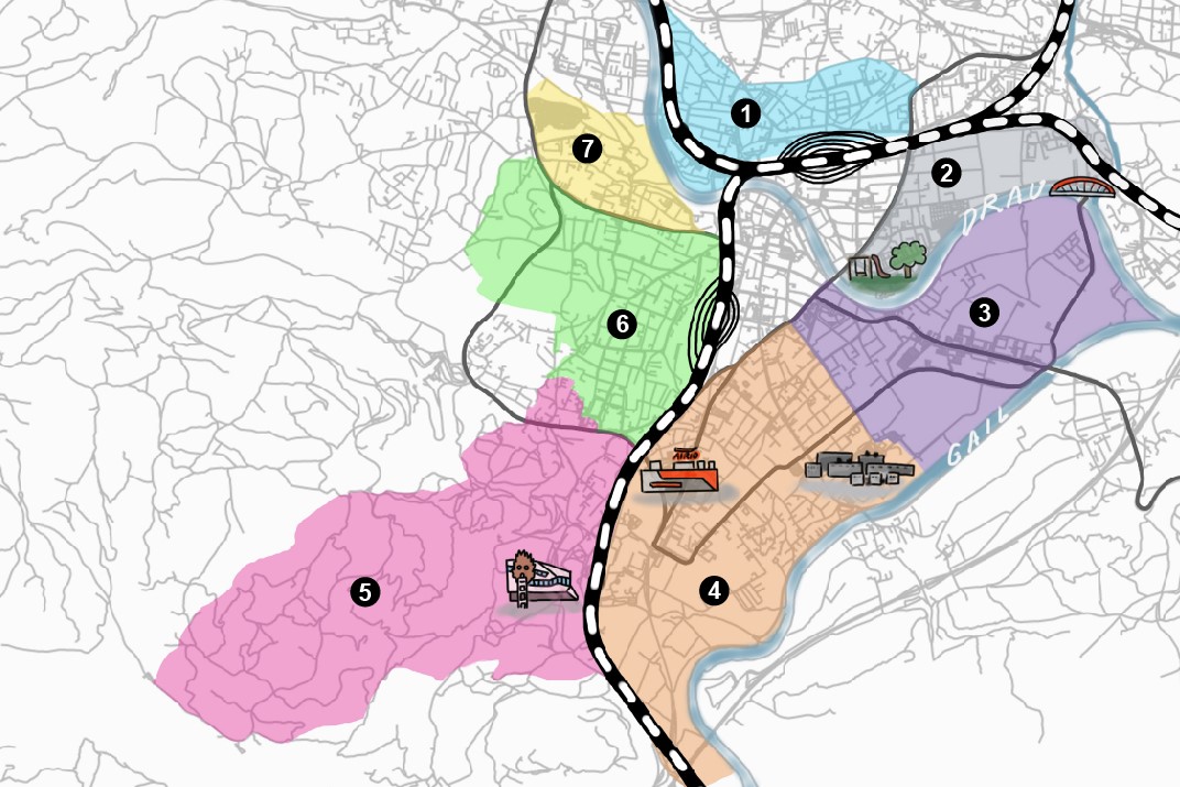Map about the neighborhoods surrounding Villach's inner city