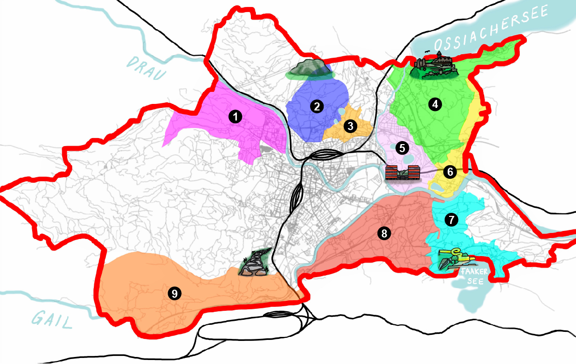 Eine Karte von einigen Vororten Villachs