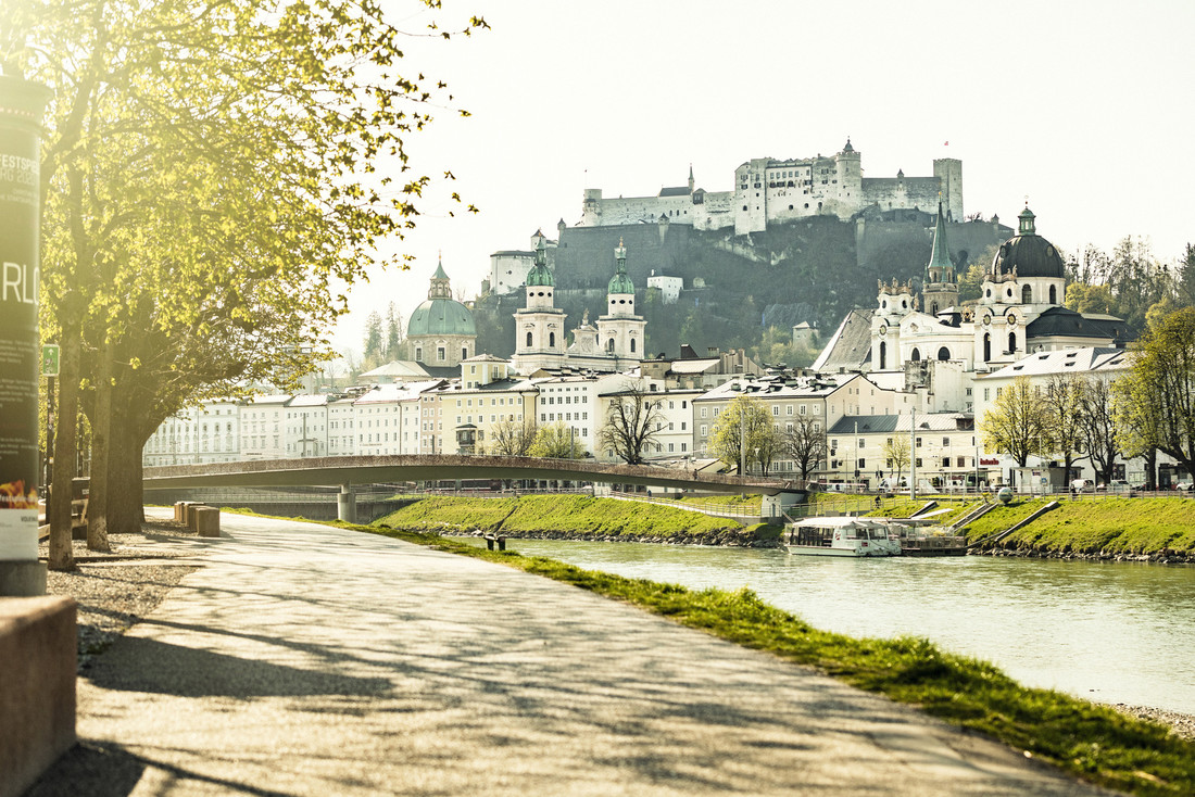 View onto the river Salzach an the castle Hohensalzburg